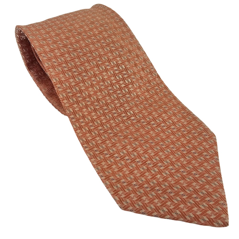 Brioni Silk Tie Peach Geometric Basketweave Handmade Italy Luxury Designer